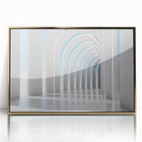 Large art print of a mid-century modernist cityscape in muted gold and gray tones on acrylic.