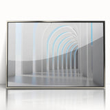 Mid-century modernist art of geometric shapes in silver and gray tones on acrylic, ideal for nursery wall decor.