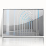 Art deco poster featuring geometric patterns in muted gold and white tones, framed acrylic, ideal for nursery wall decor.
