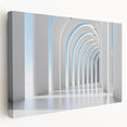 Large art print of a modern kitchen interior on stretched canvas, featuring neutral tones and minimalist design.