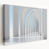 Large art print of a modern kitchen interior on stretched canvas, featuring neutral tones and minimalist design.