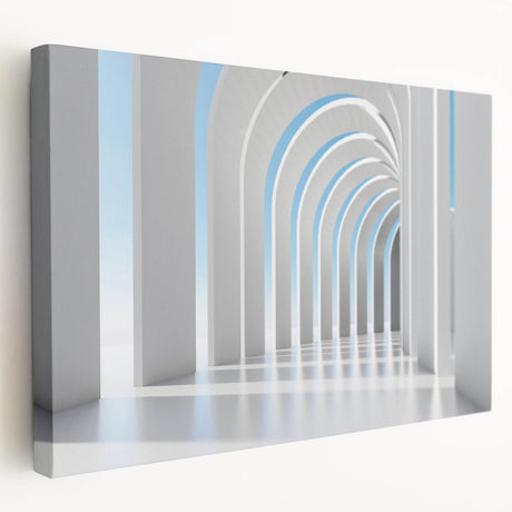 Large art print of a modern kitchen interior on stretched canvas, featuring neutral tones and minimalist design.