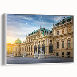 Vintage poster art of colorful architecture and museum designs on a large framed canvas, ideal for living room decor.