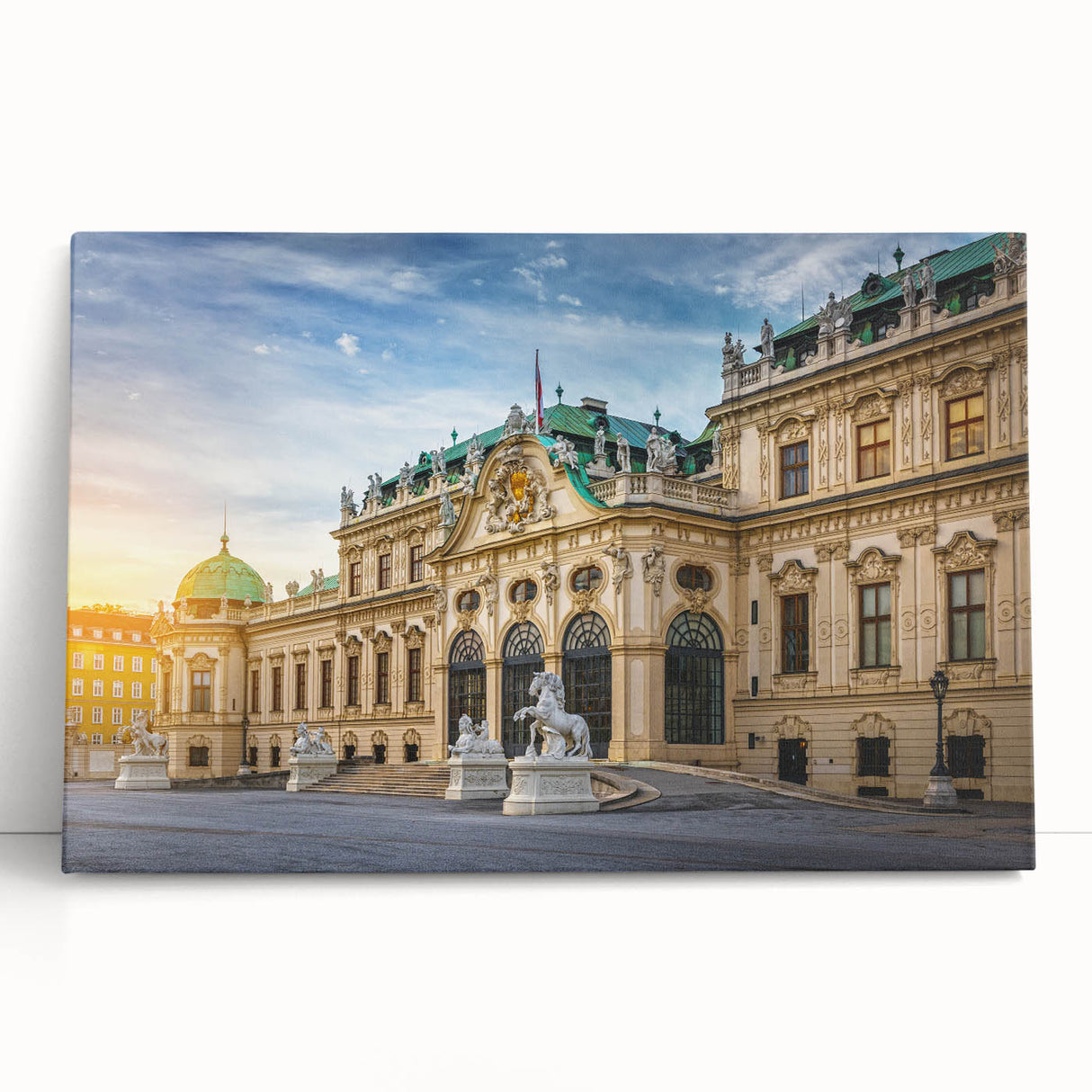 Black and white photo of an architectural museum on stretched canvas, suitable as large kitchen or bedroom wall art.