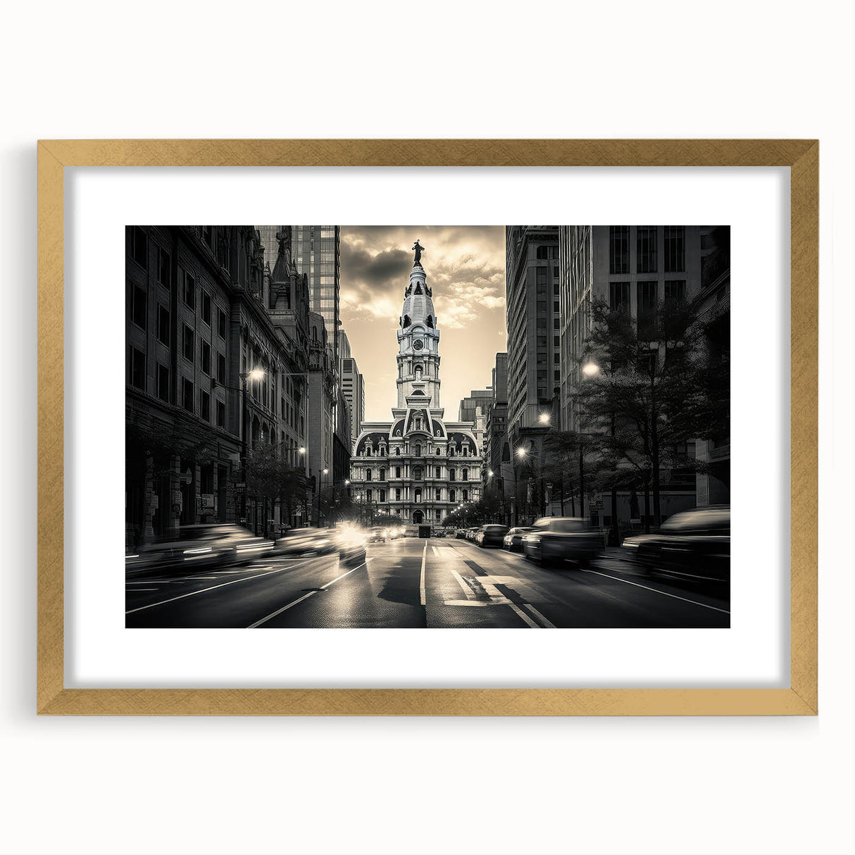 Extra large abstract art print in textured gold, framed, ideal for living room decor.