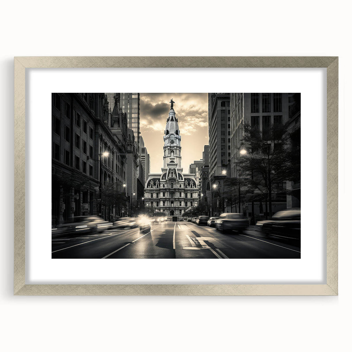 Textured abstract art print in silver frame with mat, featuring swirling gray and white patterns, suitable for bedroom decor.