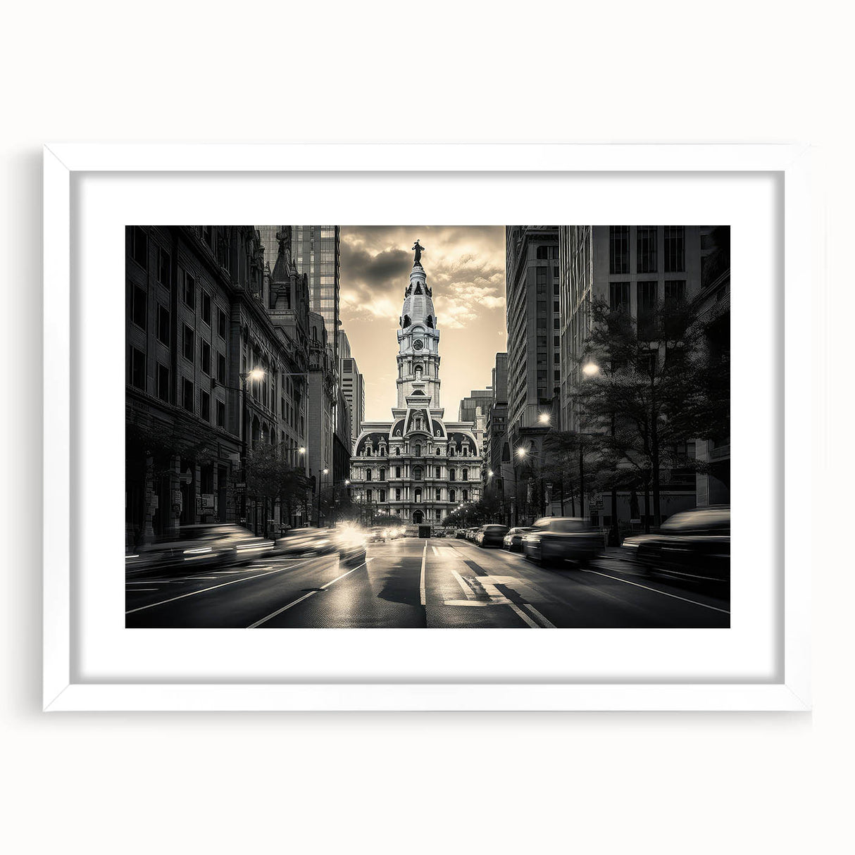 Abstract art print featuring swirling blue and gray tones on a white framed canvas.