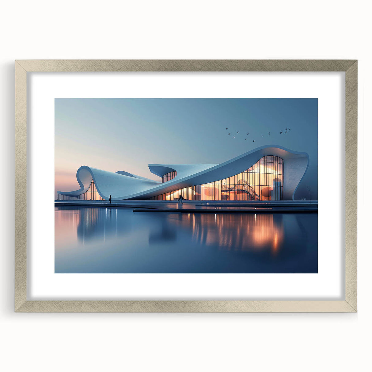 Textured abstract art print in neutral and silver tones, framed with mat, ideal for bedroom ambiance.