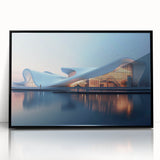 Large abstract wall art featuring geometric shapes in muted earth tones, framed in black acrylic.
