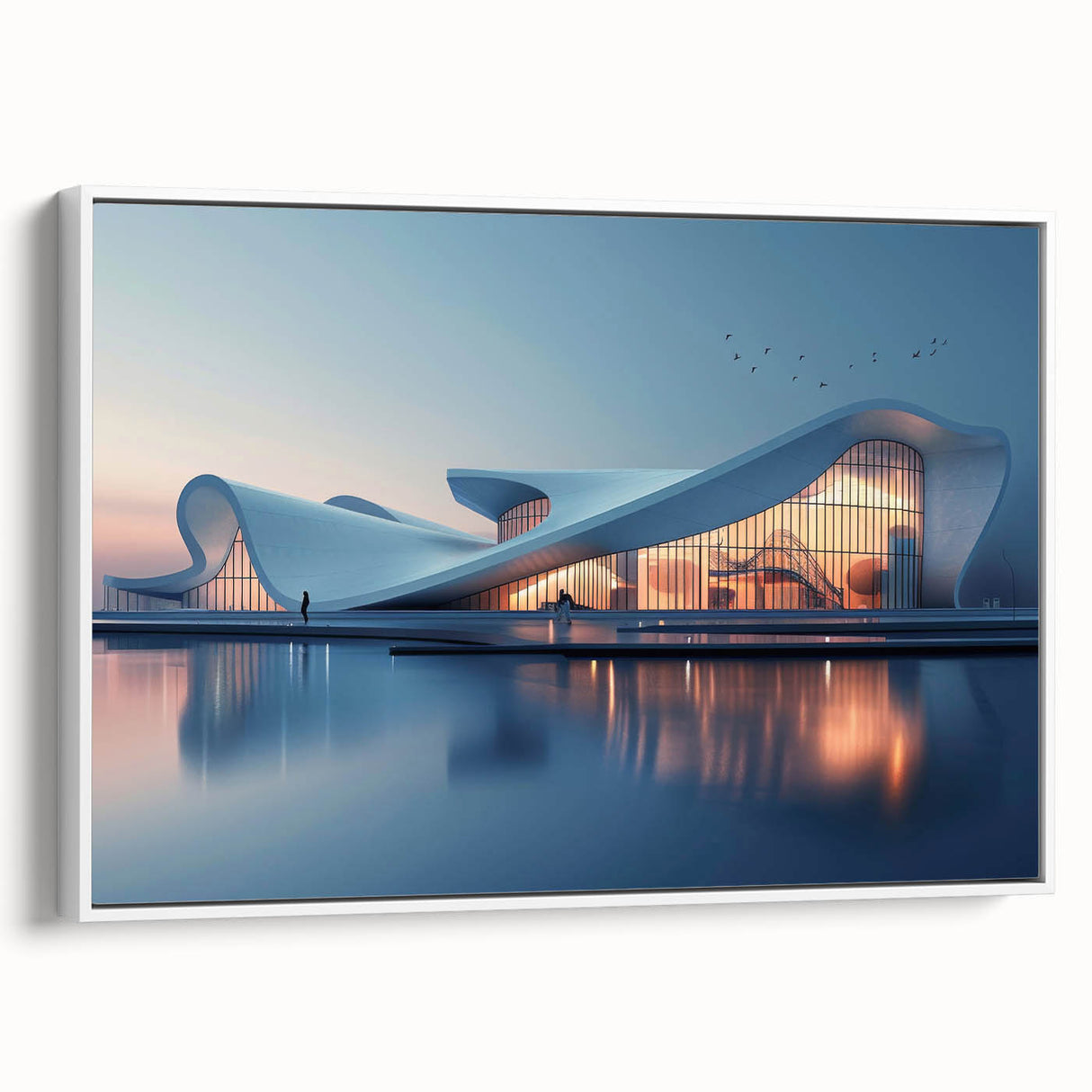 Vintage poster art of architectural museums in a mix of colorful and black hues on extra large framed canvas.