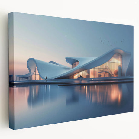 Large canvas print of a modern architectural museum design in monochrome tones, suitable for kitchen wall art.
