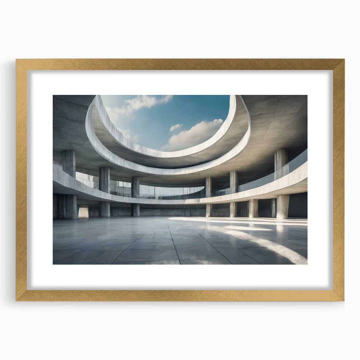Extra large abstract art print featuring textured swirls in gold and white, framed in gold, ideal for living room decor.