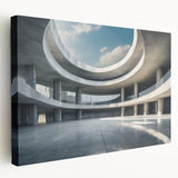 Large art print of an architectural museum design on stretched canvas, featuring muted earth tones.