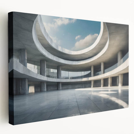Large art print of an architectural museum design on stretched canvas, featuring muted earth tones.