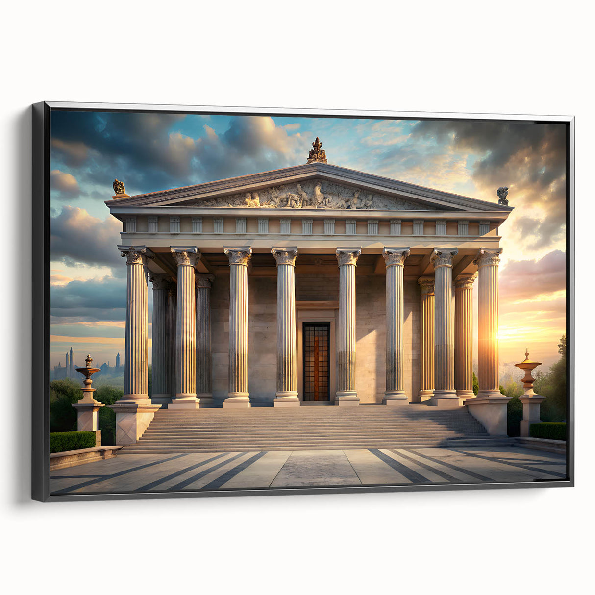 Black and white framed canvas of a vintage landscape art painting, ideal for bedroom wall decor.