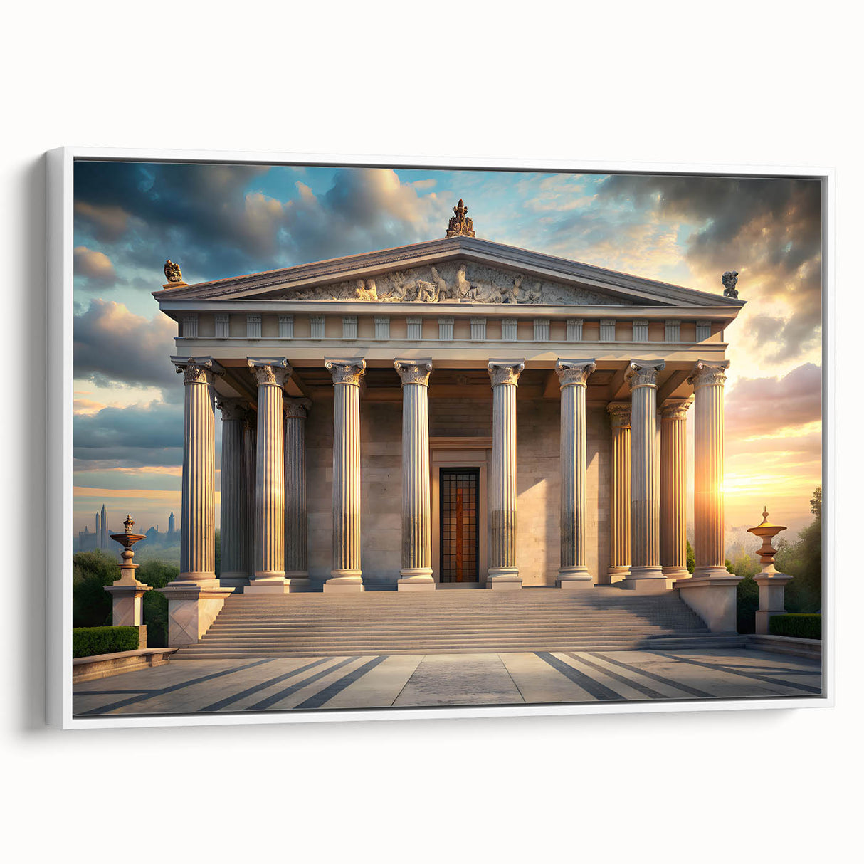 Vintage poster art of a classic architectural museum design on a framed canvas, featuring black and colorful art.