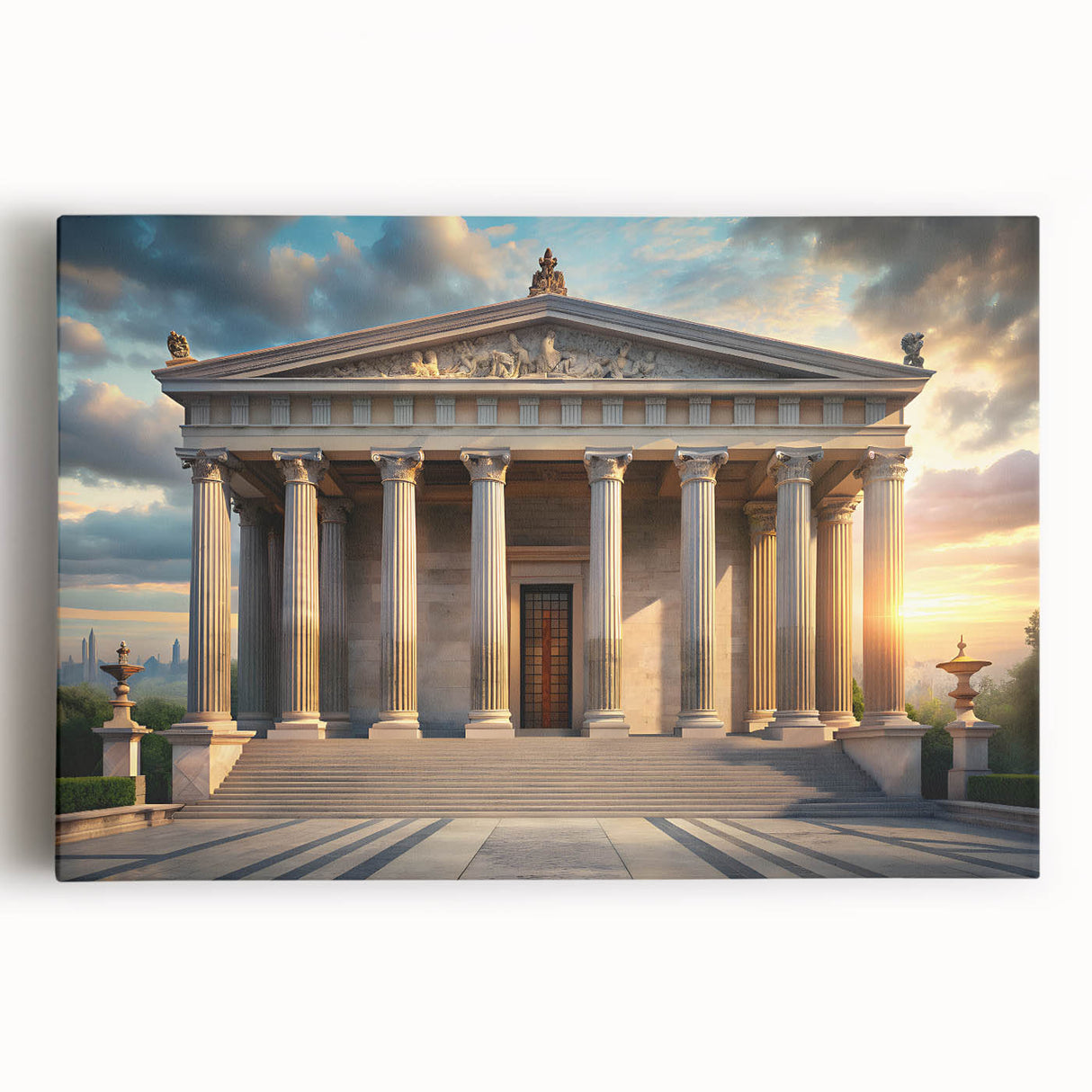 Large black and white photographic print of an architectural museum on stretched canvas, suited for kitchen wall art.