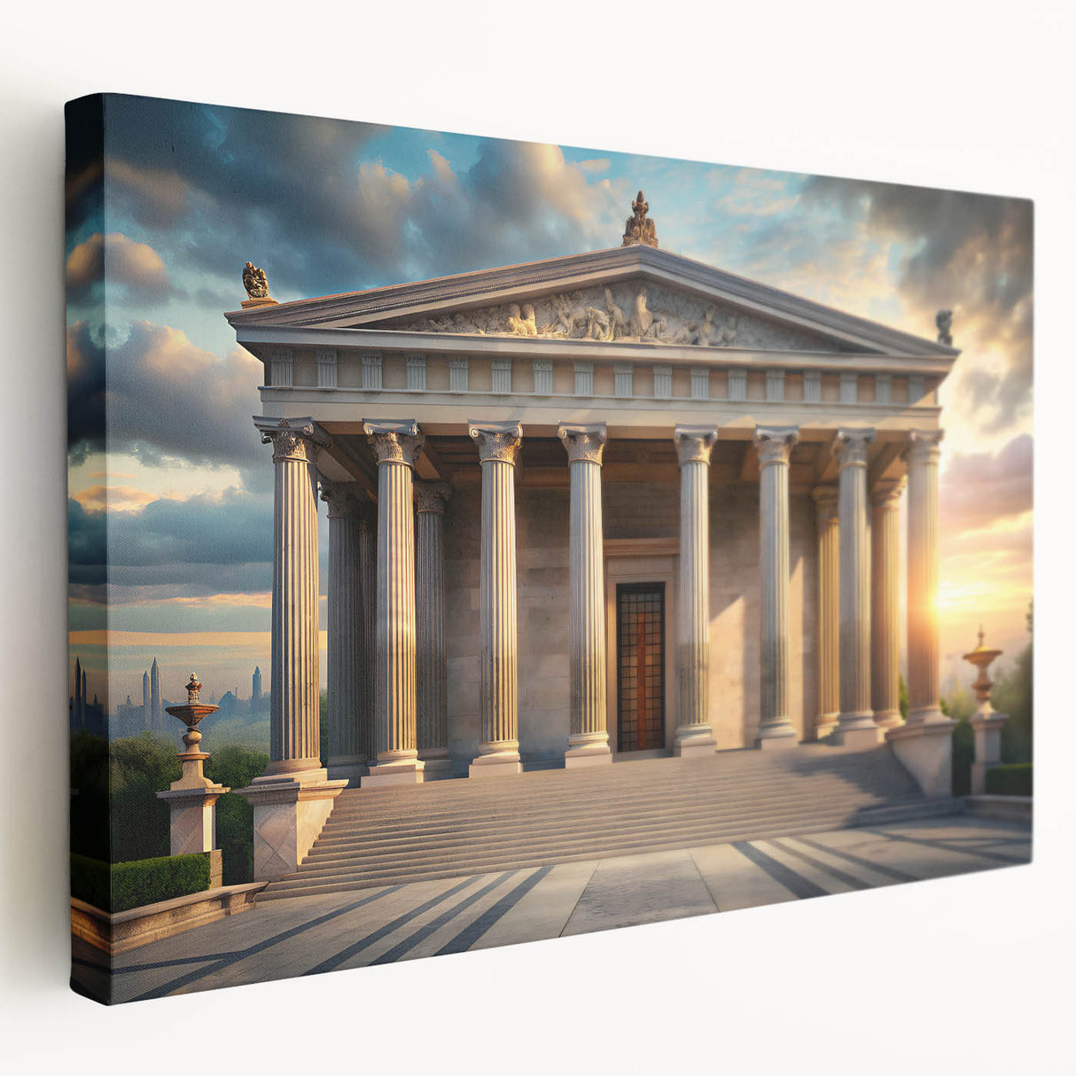 Side-view of a large stretched canvas featuring a detailed architectural museum design in monochrome shades.