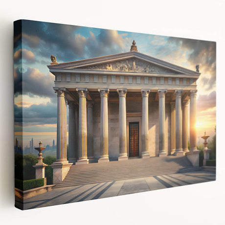 Side-view of a large stretched canvas featuring a detailed architectural museum design in monochrome shades.