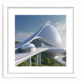 Abstract art print featuring geometric shapes in muted gray and blue tones, framed with a white mat.