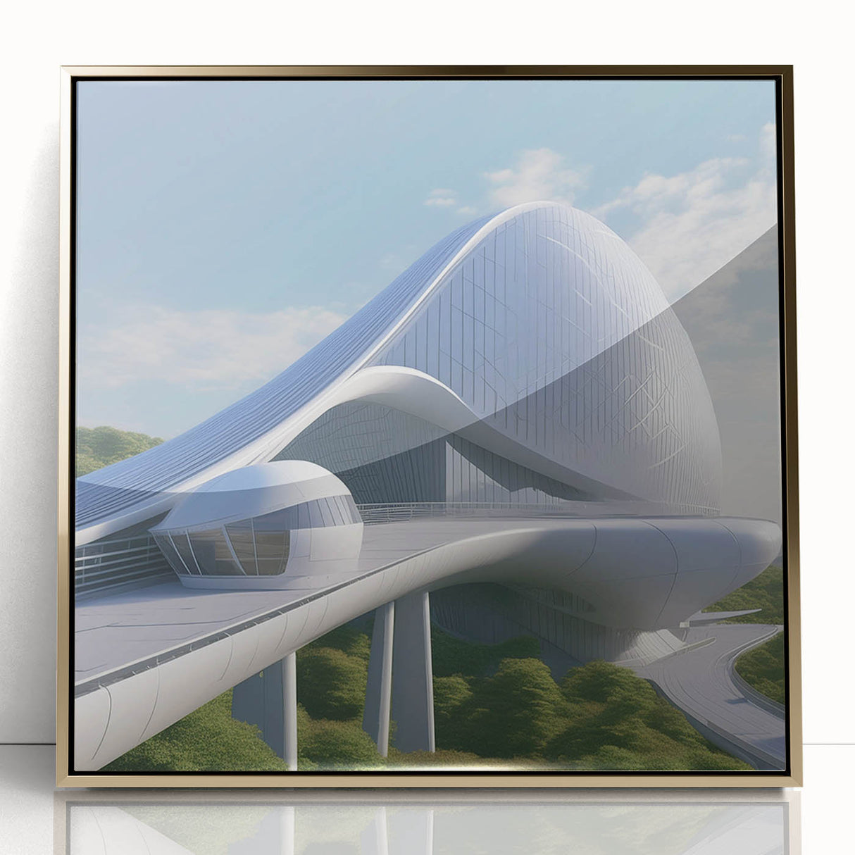 Mid-century modernist architecture print in muted gold and white tones, acrylic framed, ideal for nursery wall decor.