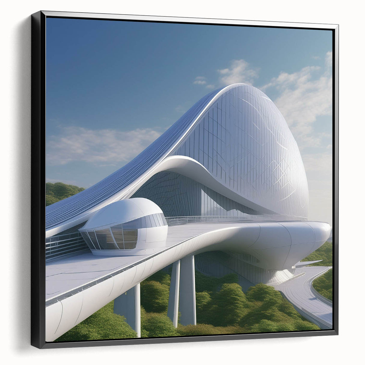 Black and white framed canvas of architectural museum designs, ideal for kitchen wall art.
