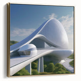 Landscape art painting of a vintage-style museum architecture in silver and gold on a framed canvas.