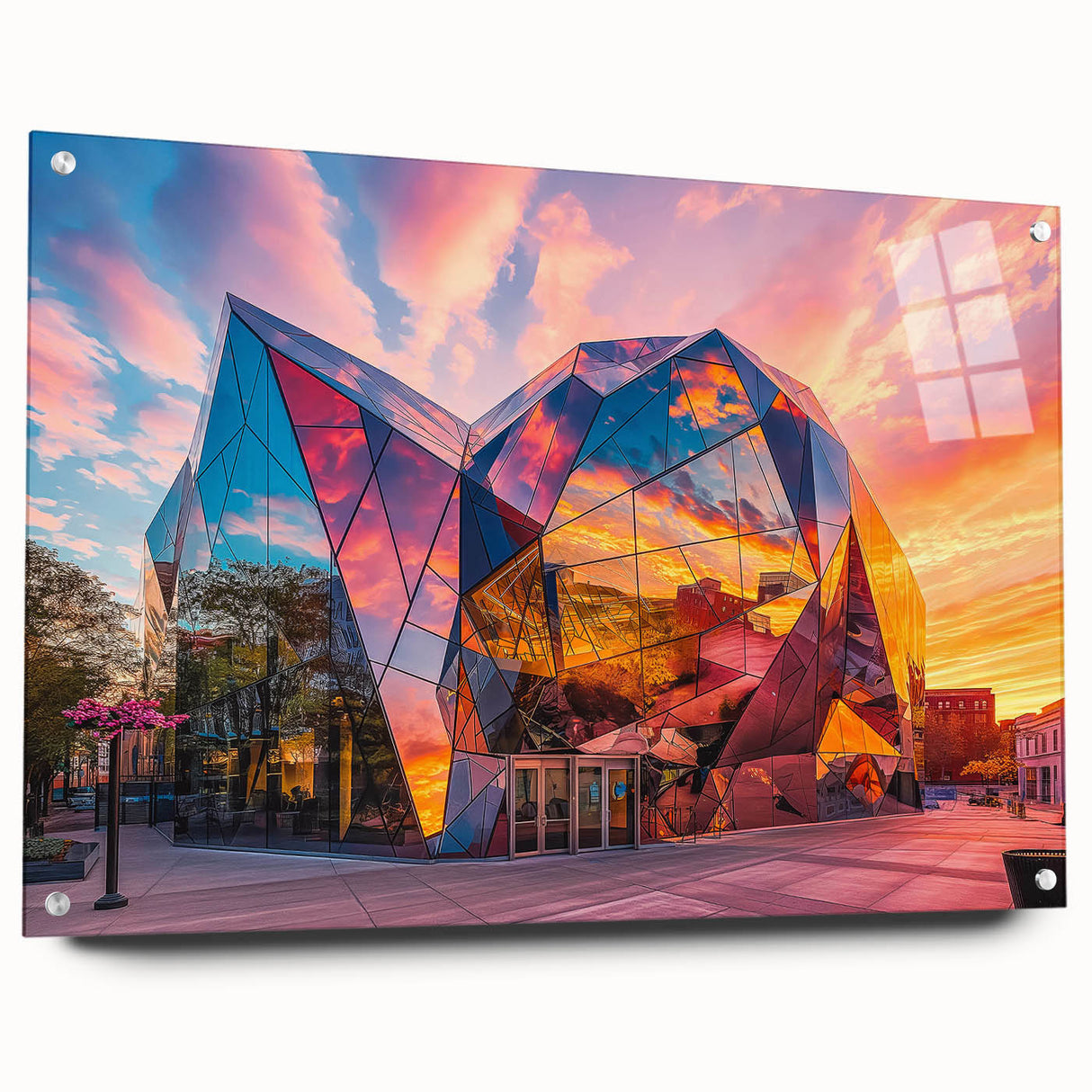 Large abstract wall art on acrylic glass, featuring swirling blue and gray patterns.