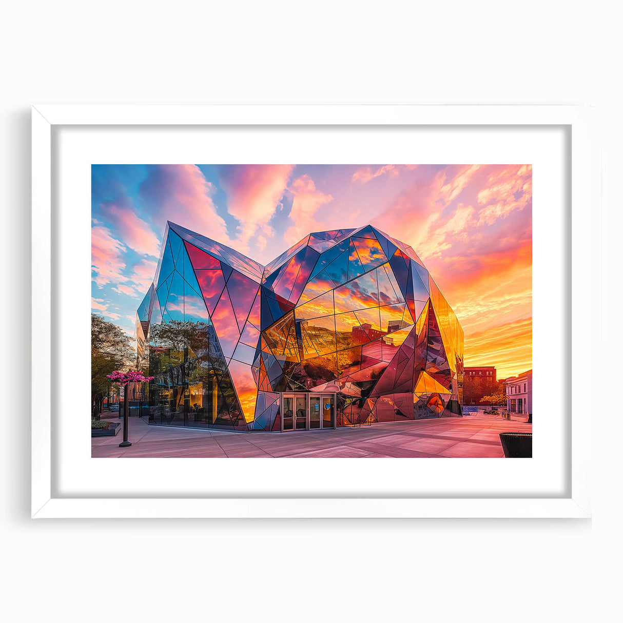 Abstract art print featuring swirling blue and gray tones on a white framed canvas.