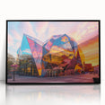 Large abstract wall art featuring geometric shapes in black and white, framed in black acrylic.