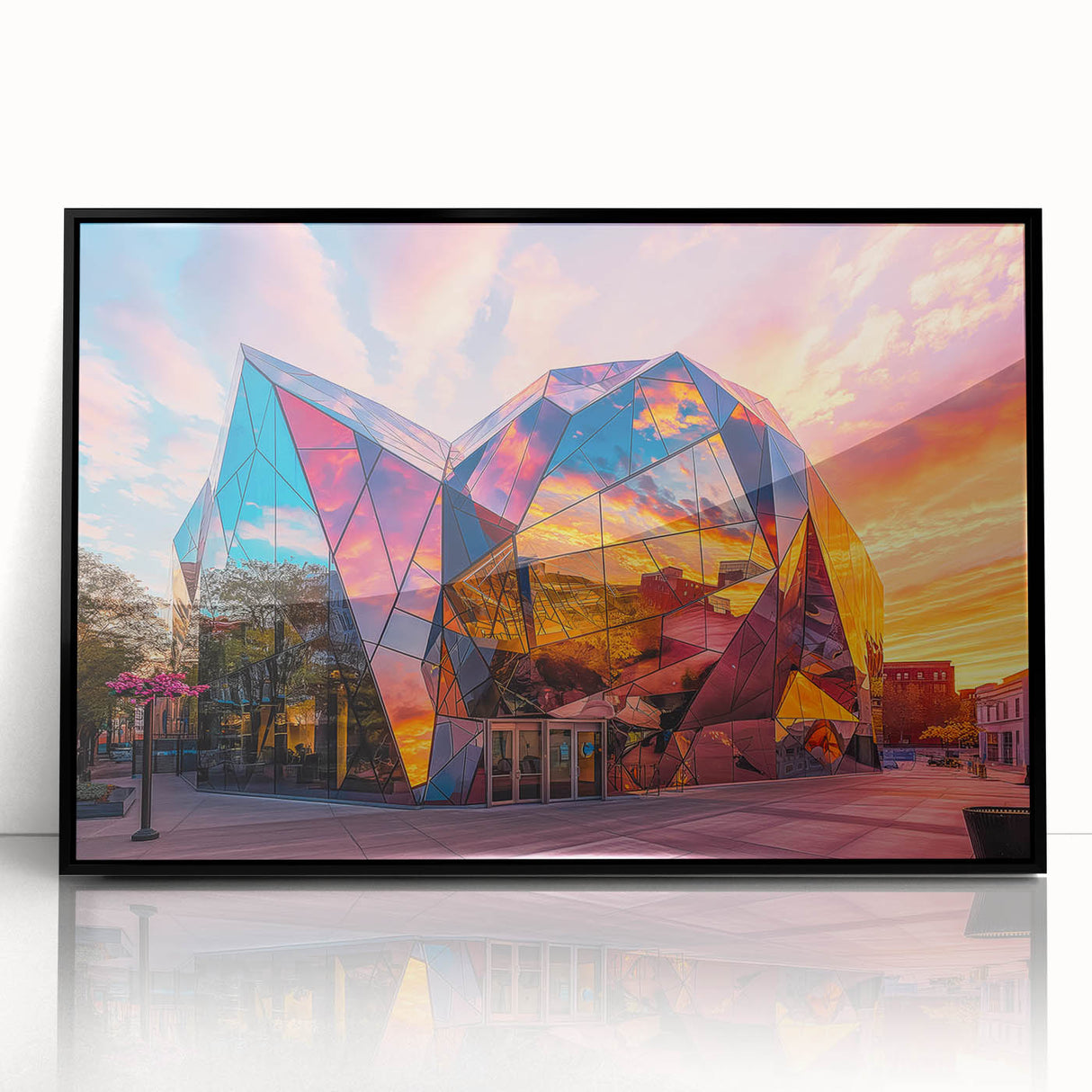 Large abstract wall art featuring geometric shapes in black and white, framed in black acrylic.