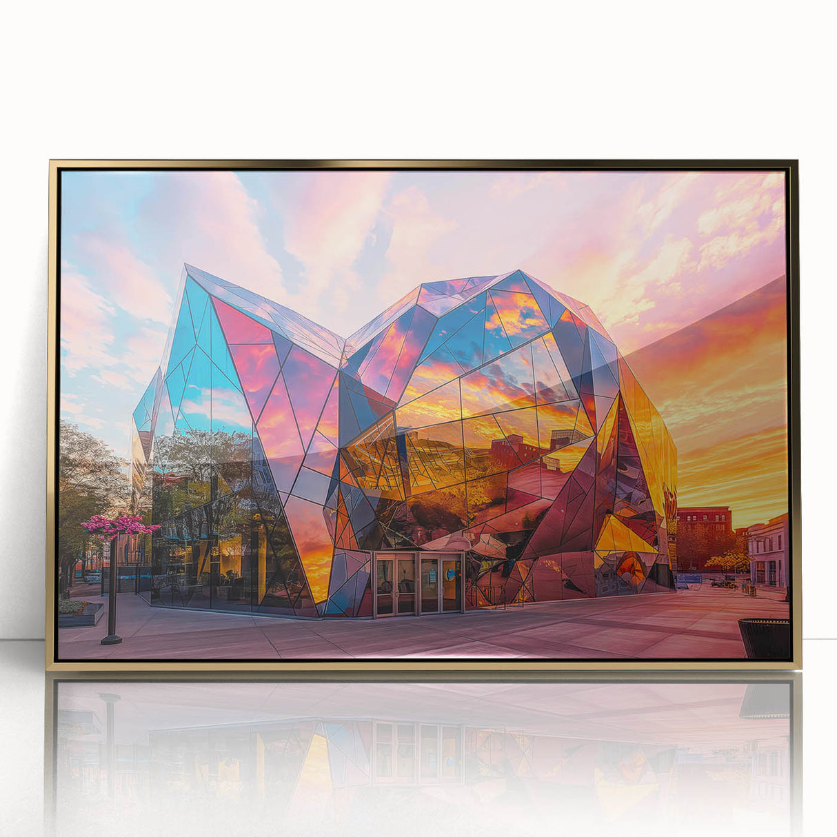 Large art print of a mid-century modernist museum in gold acrylic frame, ideal for modern art wall decor.