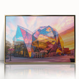 Large art print of a mid-century modernist museum in gold acrylic frame, ideal for modern art wall decor.