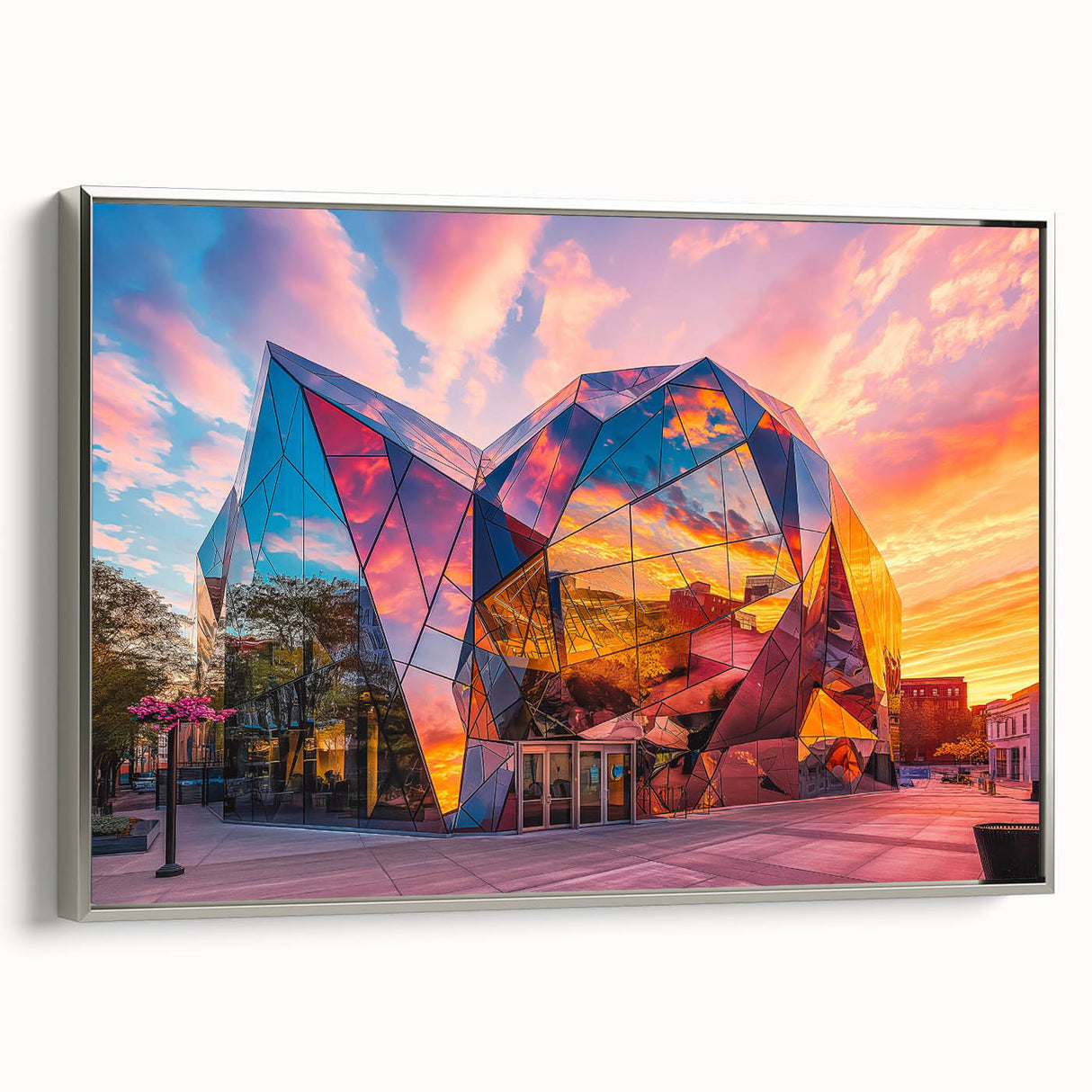 Framed canvas featuring a vintage landscape art painting with colorful and black elements.
