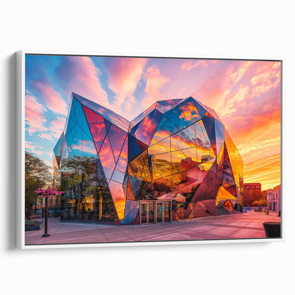 Extra large framed canvas vintage poster art of colorful abstract architecture, ideal for living room decor.