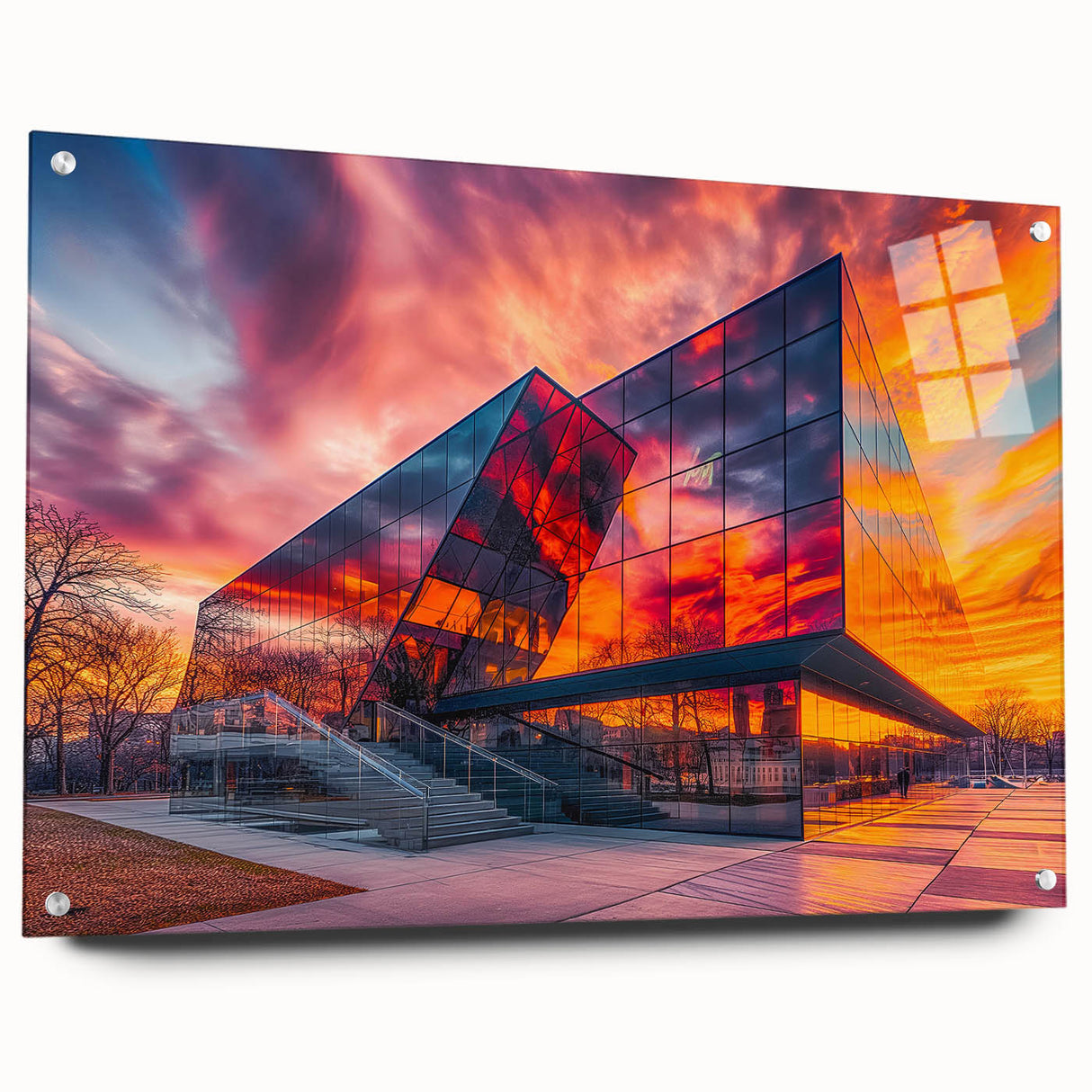 Large abstract wall art on acrylic glass depicting multicolored geometric shapes, suited for bedroom or dining room decor.