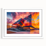 Abstract art print of geometric shapes in black and white, framed in white, suitable for bedroom or dining room decor.
