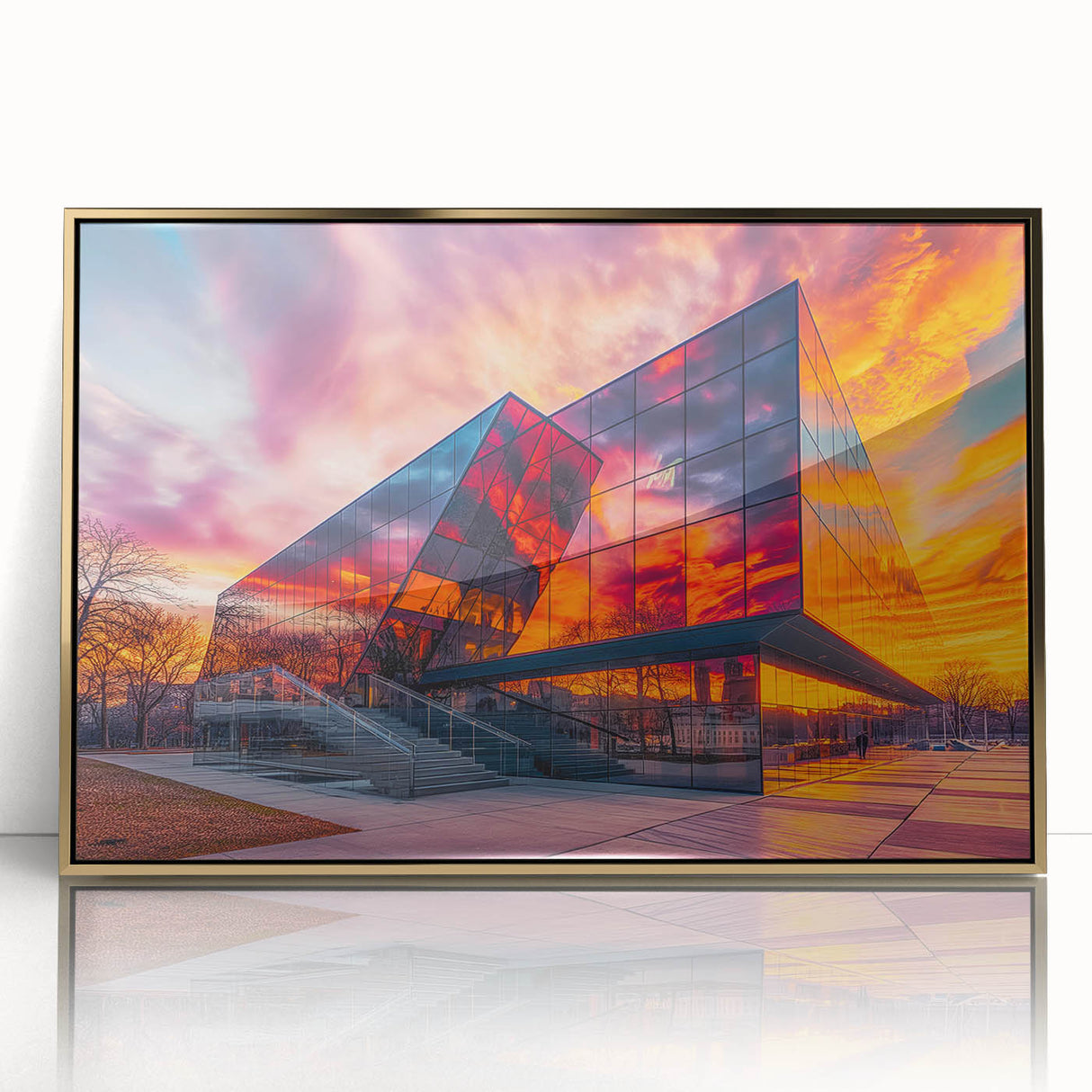Large art print of a mid-century modernist architecture museum in muted gold tones, acrylic framed.