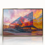Large art print of a mid-century modernist architecture museum in muted gold tones, acrylic framed.