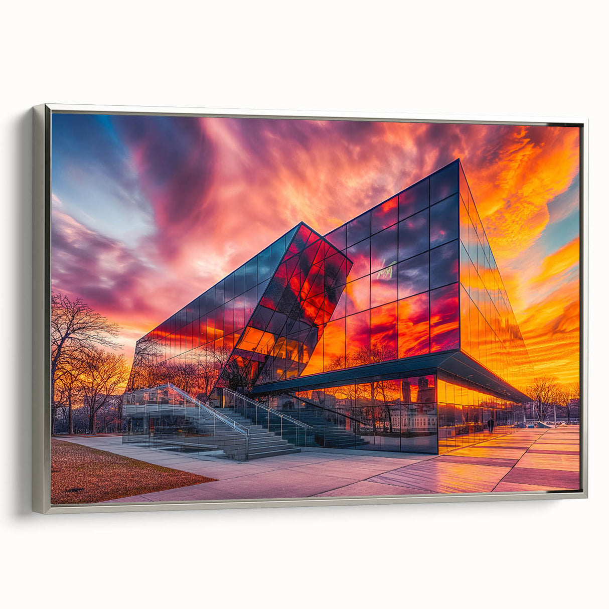 Framed canvas featuring a vintage landscape art painting with colorful elements.
