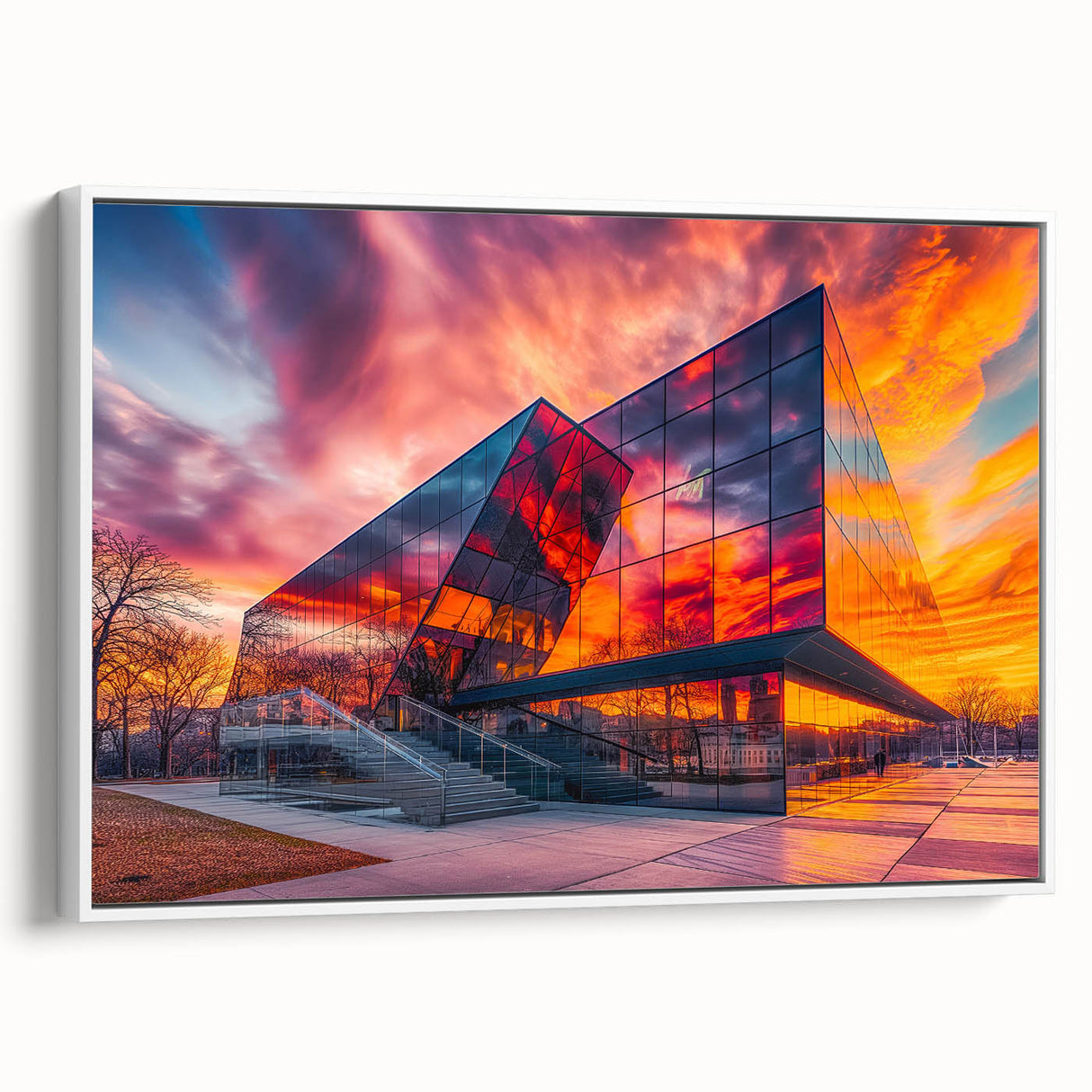 Extra large framed canvas of a vintage poster art depicting colorful abstract architecture, ideal for living room decor.