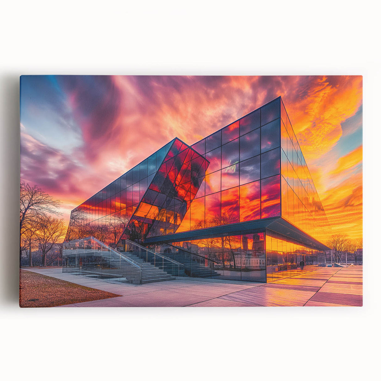 Large black and white photo of museum architecture on stretched canvas, suitable for kitchen wall art.