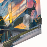Large abstract wall art in mid-century modernist style, featuring bold geometric shapes in vibrant colors on acrylic glass.