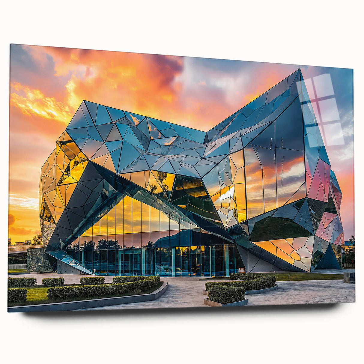 Large abstract wall art on acrylic glass depicting fluid shapes in blue and grey tones.