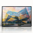 Large abstract wall art featuring geometric shapes in muted earth tones, framed in black acrylic.