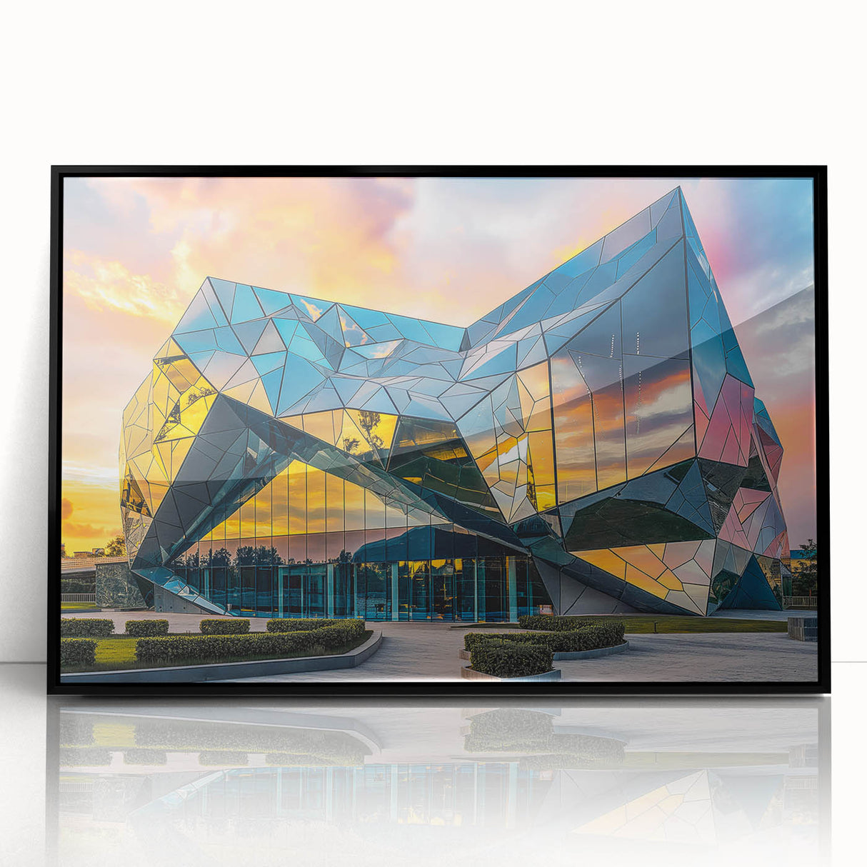 Large abstract wall art featuring geometric shapes in muted earth tones, framed in black acrylic.