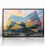 Large abstract wall art featuring geometric shapes in muted earth tones, framed in black acrylic.