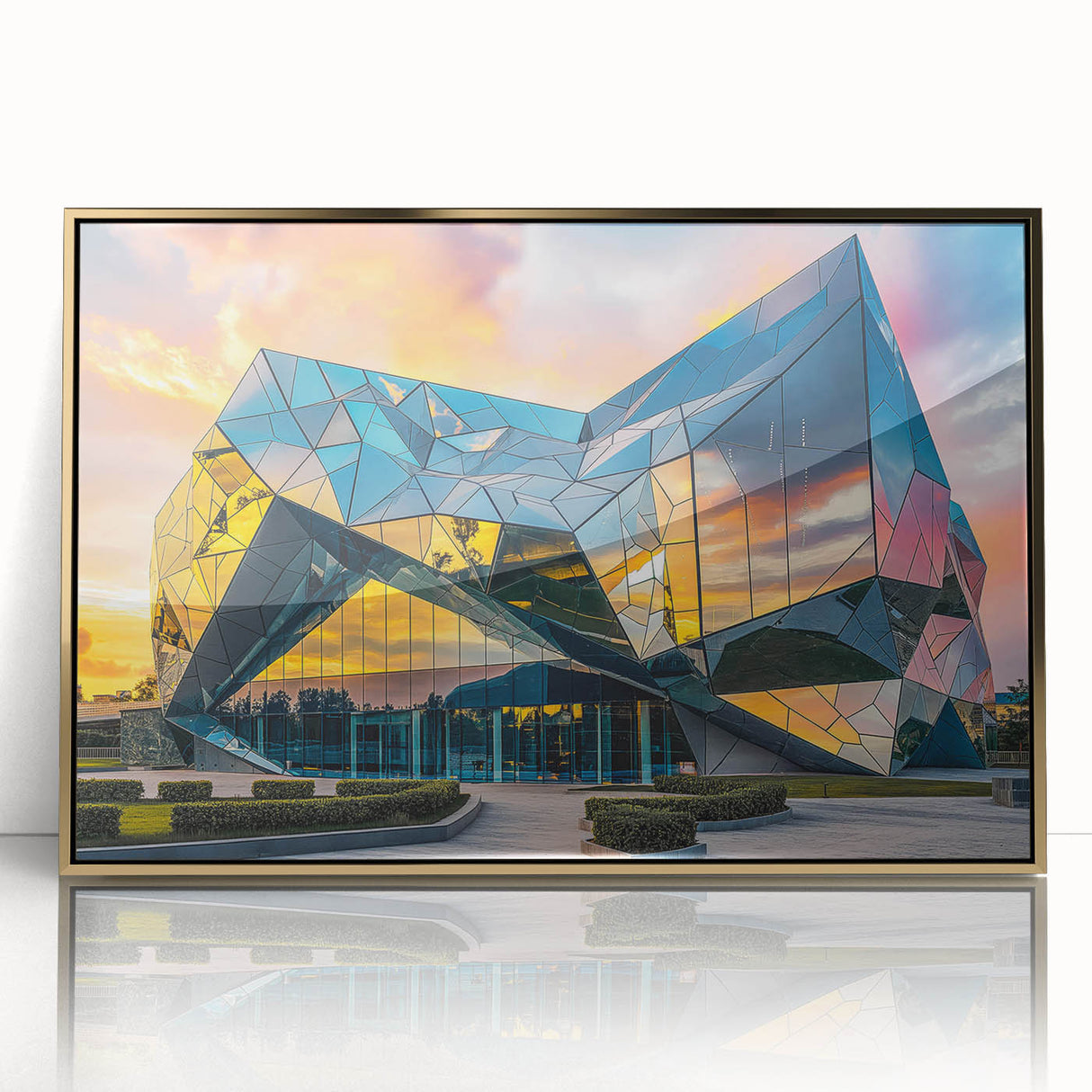Large art print of a mid-century modernist museum design in gold and white tones on acrylic, ideal for modern art wall decor.