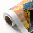 Art Deco poster featuring geometric shapes and metallic colors on rolled canvas.