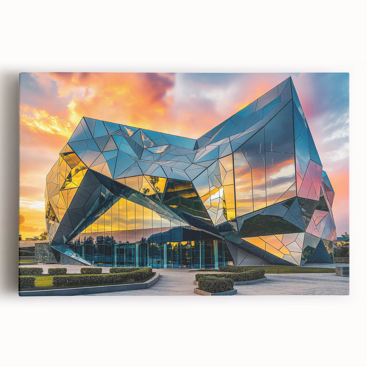 Black and white photo of a modern architectural design on a large stretched canvas, suitable for kitchen wall art.
